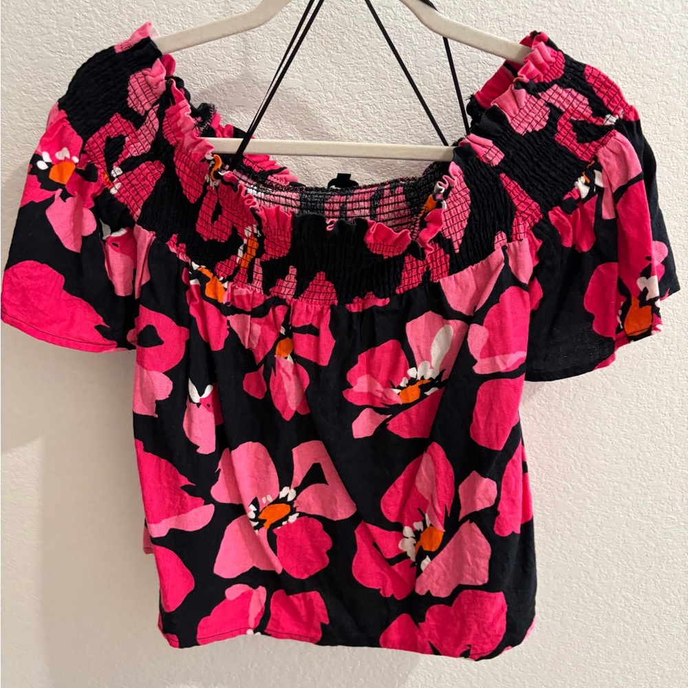 Who What Wear Pink and Black Floral Blouse